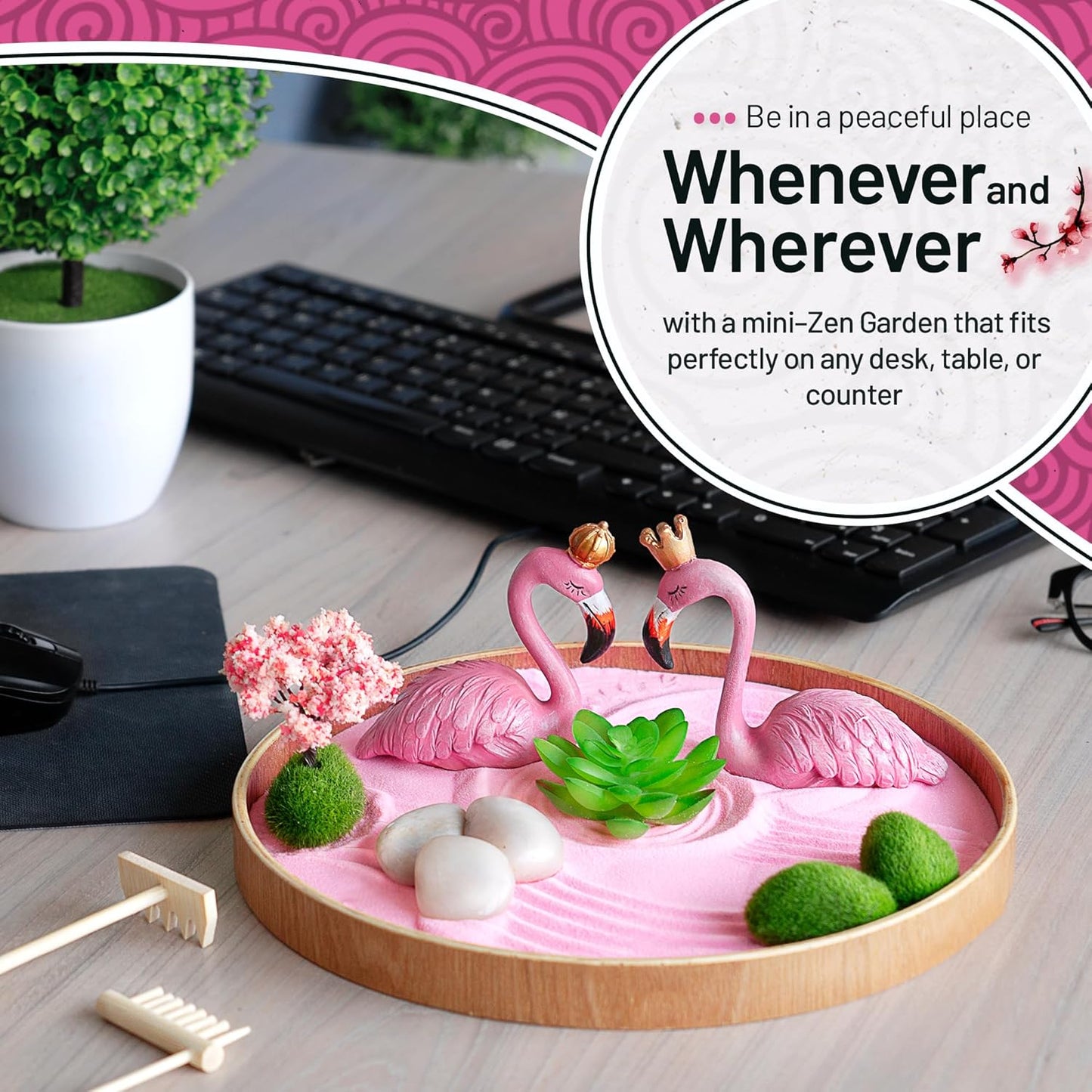 Flamingo Zen Garden Kit for Desk, Cute Japanese Flamingos Gifts for Women, Mini Zen Garden Sand Tray, Pink Room Decor Aesthetic, Home Office Desk Decorations, Sand Therapy Kit