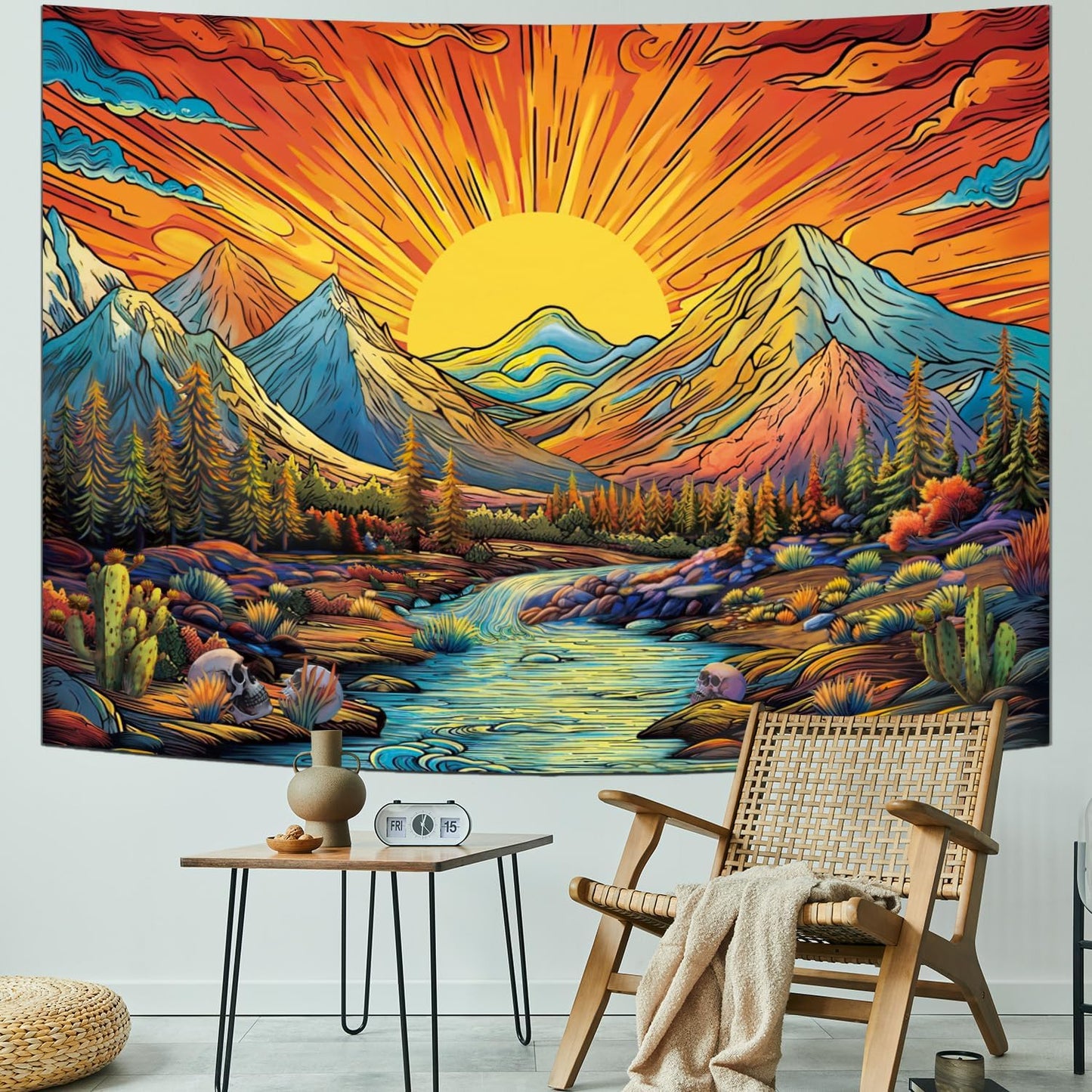 Serborlur Boho Sun Mountain Tapestry Trippy Forest Tree Tapestry Vintage Aesthetic Magic River Tapestries Nature Landscape Wall Hanging for Bedroom Home Decor (51.2"×59.1")