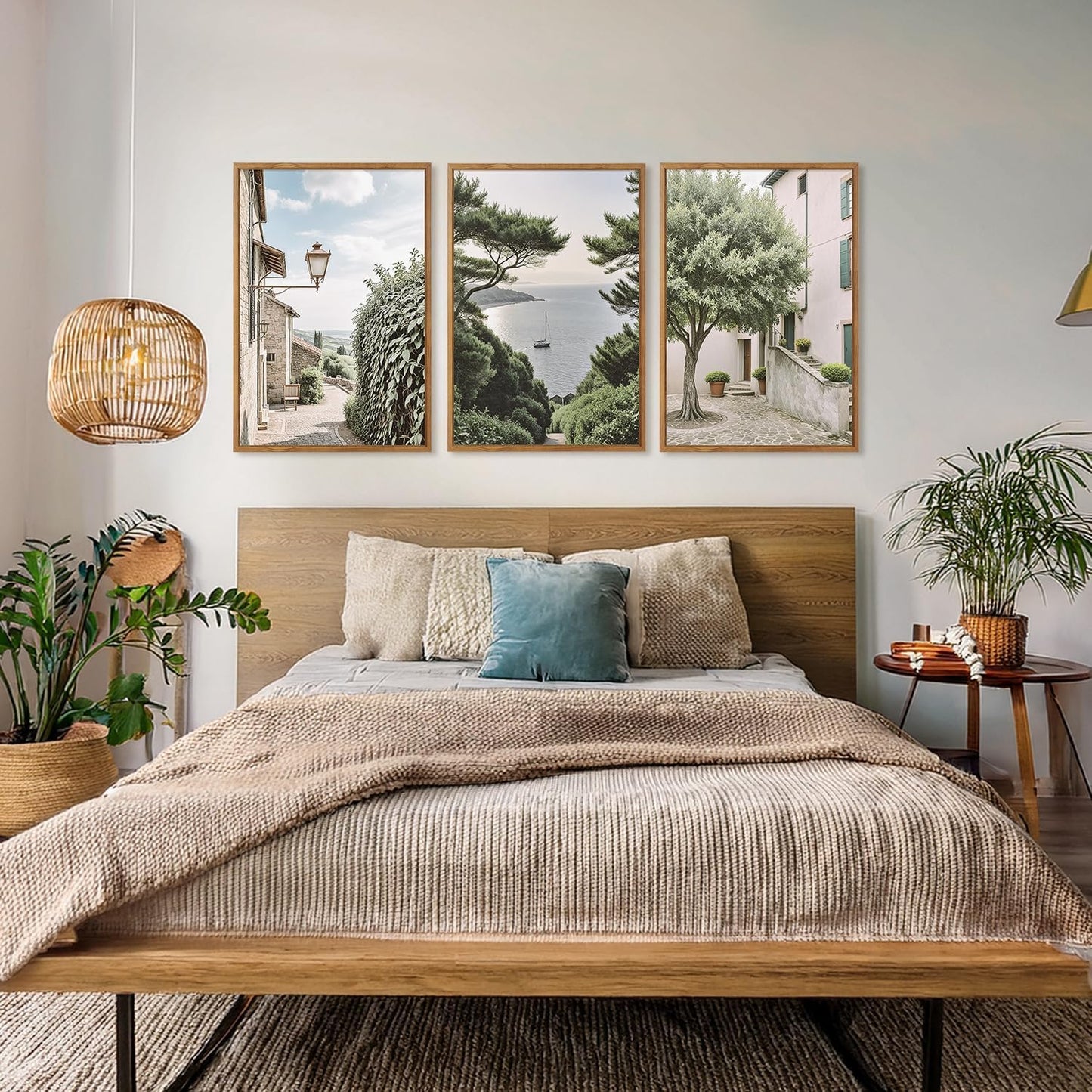 Aurlan Neutral Italy Cityscape Gallery Framed Wall Art(16"x24"), 3PCS Vintage Mediterranean Countryside Landscape Canvas Artwork, Large Town Coast Streets Travel Decor Prints for Office Home