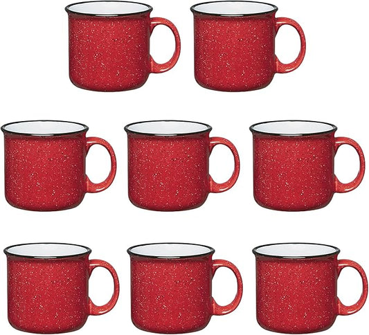 Set of 8 Ceramic Campfire Mugs – 15 Oz, Red – Coffee & Tea Cups for Home, Work, Travel, Camping – Customizable, Great for DIY, Events, Companies