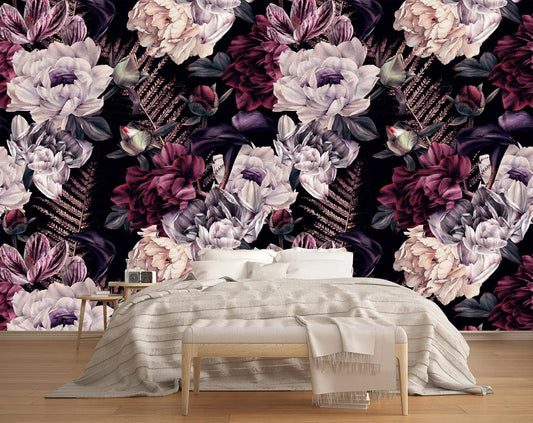Floral Wallpaper Watercolor Dark Peony Flowers Mural Wallpaper for Bedroom Living Room (Not Peel n' Stick)