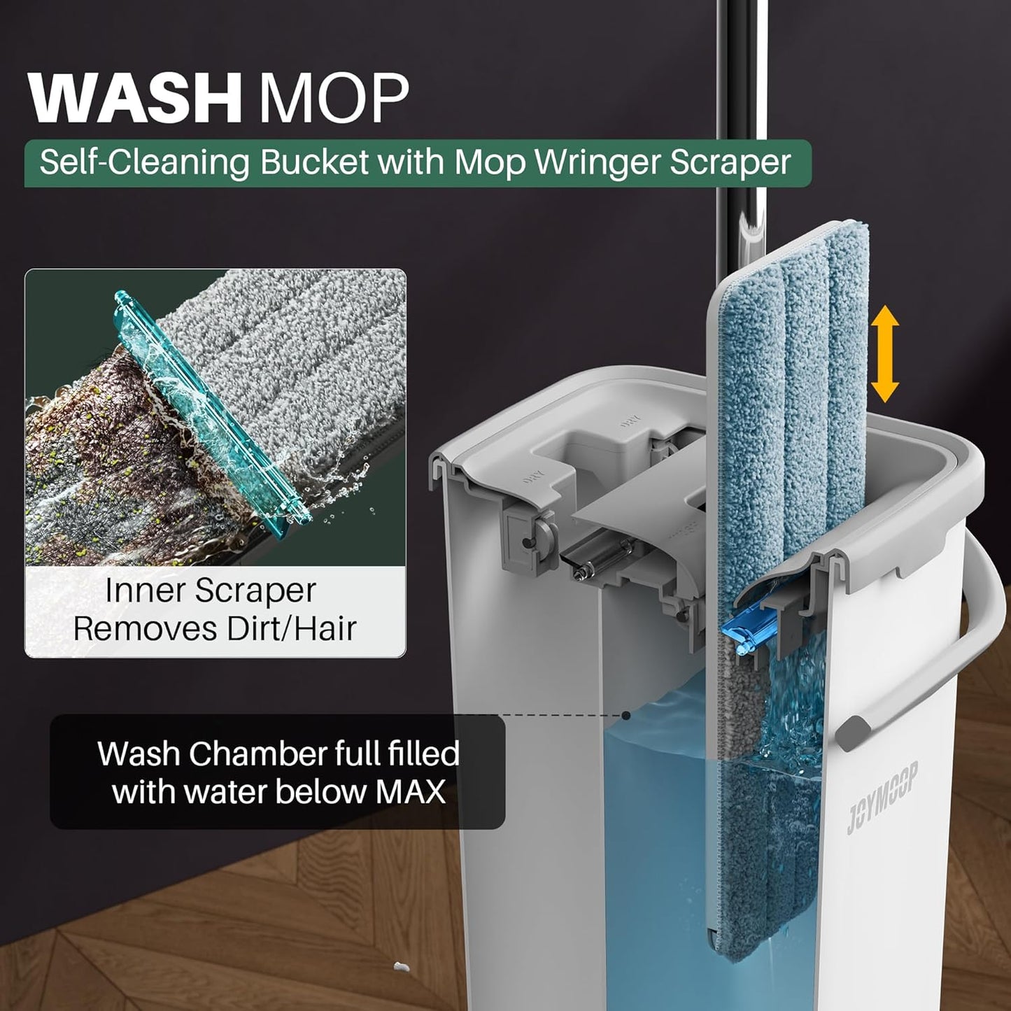 JOYMOOP Mop and Bucket Set, Dust Mops for Floor Cleaning, Wall Mop with 8 Microfiber Mop Head Replacement