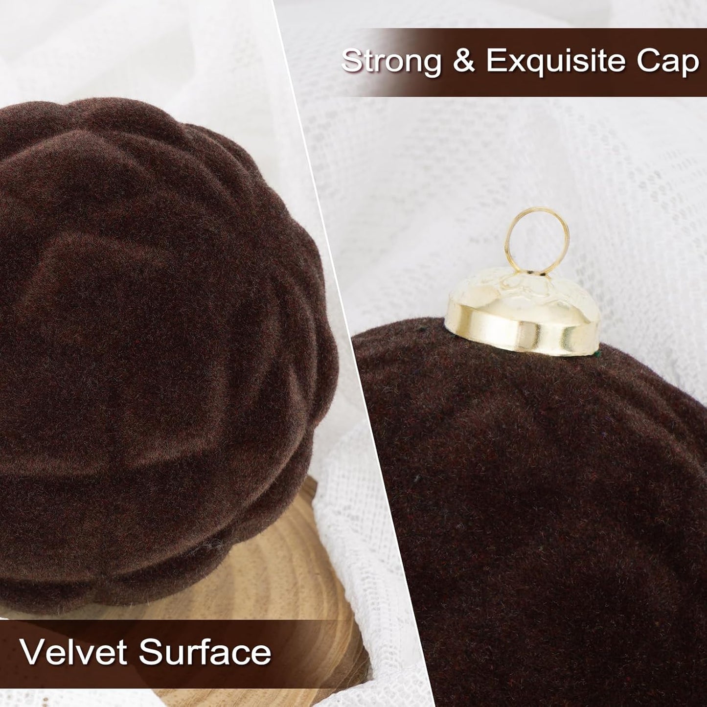 46PCS Velvet Christmas Ball Ornaments Set, Flocked Shatterproof Xmas Tree Decor, Assorted Hanging Ornaments with Loop for Holiday Home Decor, Christmas Tree, Mantel, Party Decoration (Brown)