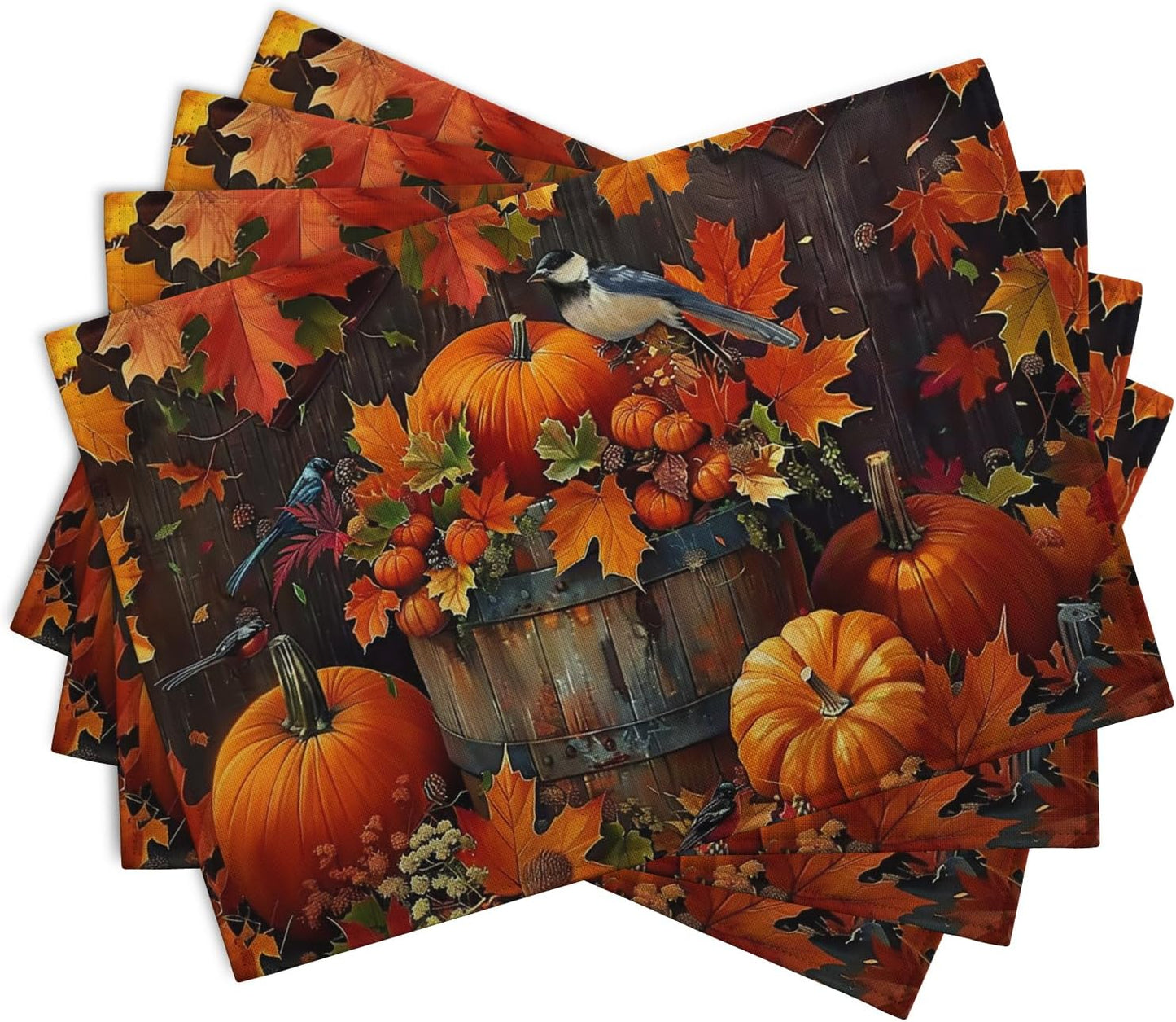 Pumpkin Maple Leaf Bird Fall Placemats Set of 4 Autumn Thanksgiving Seasonal Holiday Harvest Linen Table Mats Orange Brown Washable Place Mats for Party Kitchen Dining Outdoor Indoor Decor