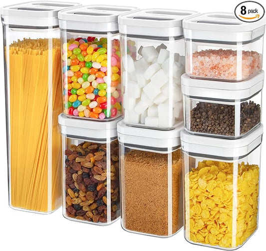 MR.SIGA 8 Piece Airtight Food Storage Container Set, BPA Free Kitchen Pantry Organization Canisters, One-handed Airtight Plastic Containers with Lids for Cereal, Spaghettie, Pasta,White