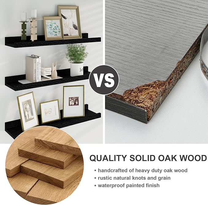 Floating Picture Ledge Shelves 36 Inch Solid Oak Wood Set of 2, Rustic Wall Storage Shelves with Lip, Kids Bookshelf, Photo & Picture Ledge Shelves for Bedroom, Living Room, Kitchen