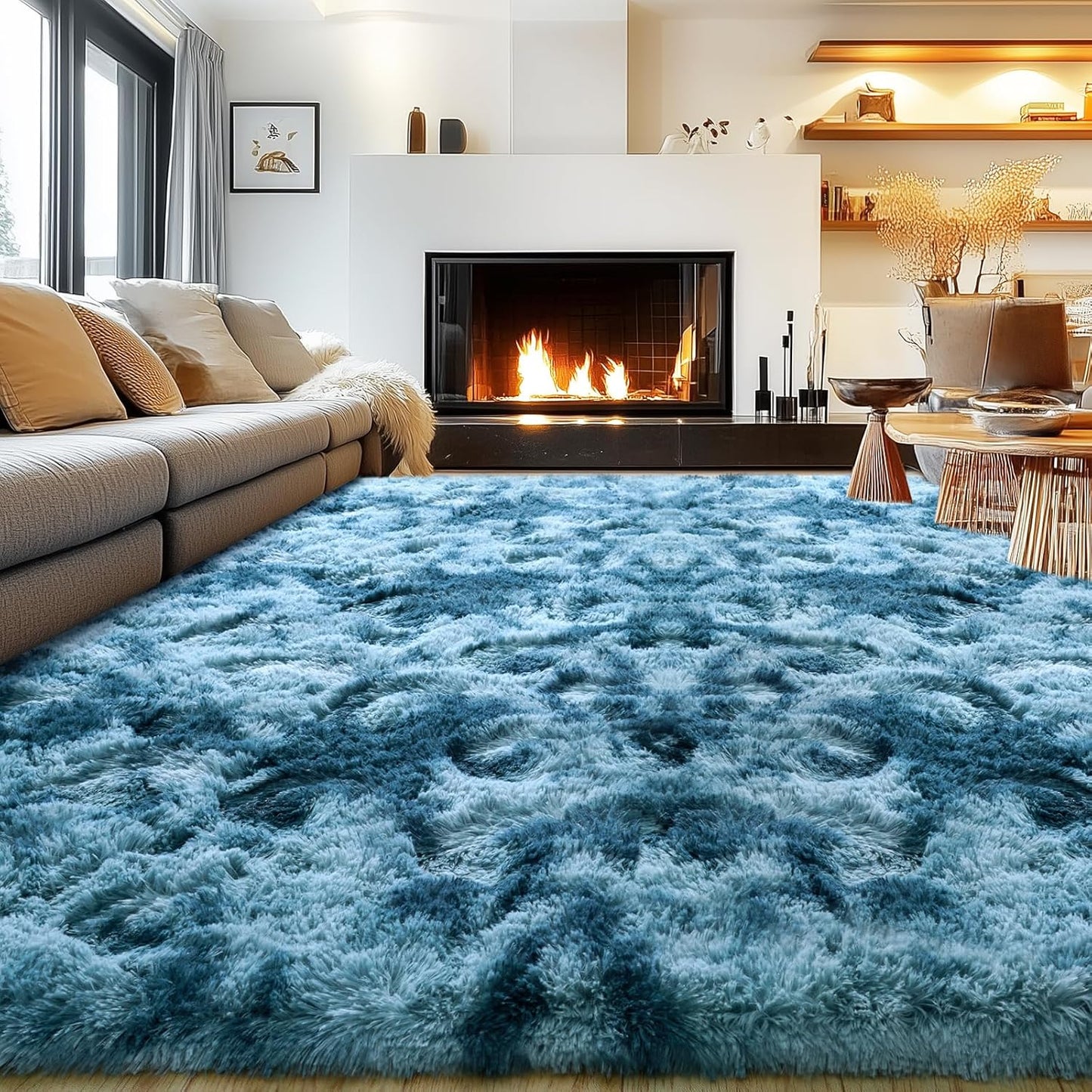 Rezutan Fluffy Rug for Living Room Bedroom, Soft Large Comfy Modern Shaggy Fuzzy Plush Indoor Nursery Home Decor Bedside Rug with Non-Slip Bottom, Tie Dye Peacock Blue Rugs, 8X10 Feet
