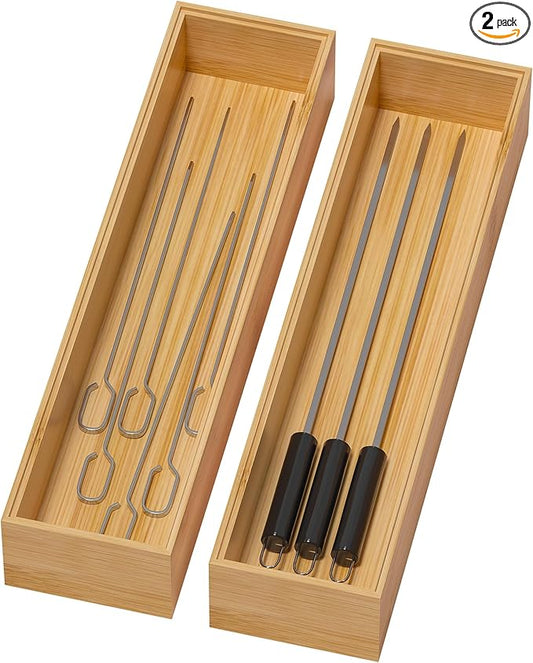 Bamboo Drawer Organizer, Narrow Stackable Cutlery Tray for Kitchen, 2 Pcs Silverware & Utensil Box, 12" x 3" x 2" (Outer), 11.3" x 2.3" x 1.77" (Inner)