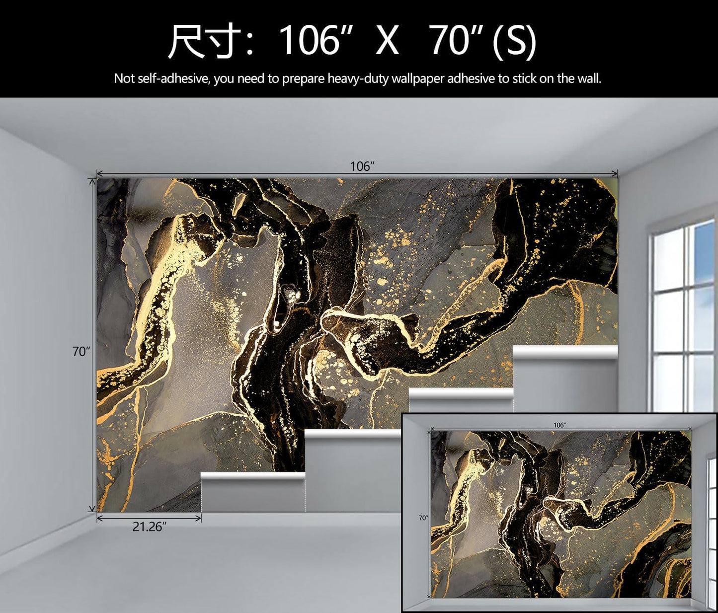 WFBHUA-Black and Golden Marble Wallpaper Modern Large Art Photo Wall Murals Living Room Bedroom Office (Not Peel and Stick)