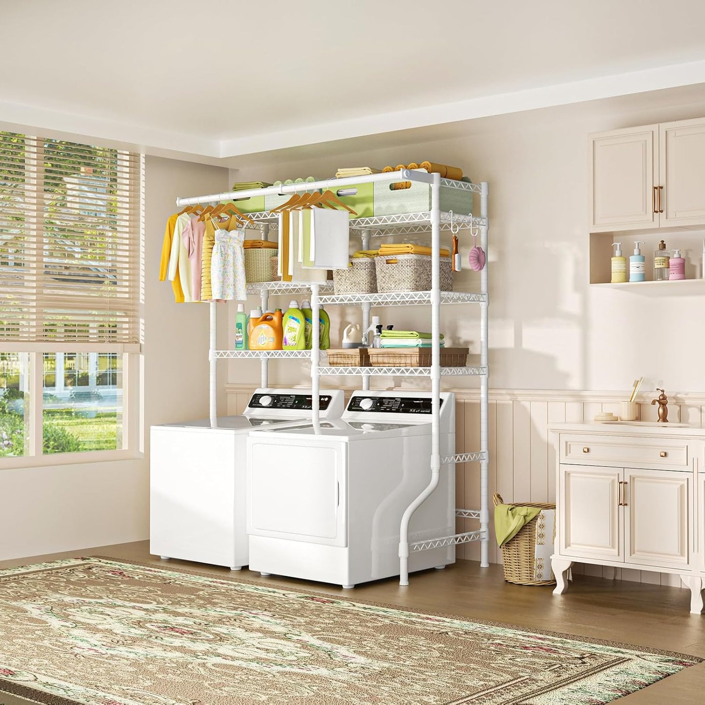 Ulif U13 Over Washer and Dryer Storage Shelves, 6 Tiers Laundry Room Standing Shelf with 2 Hanger Rods, Space Saver Clothes Drying Rack, 63.4" W x 22" D x 77.4" H, White