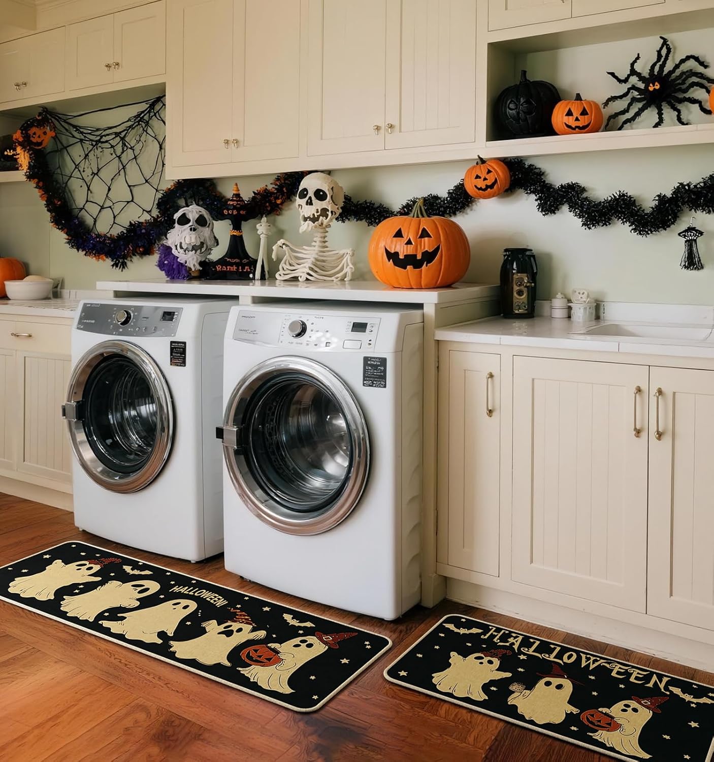 Halloween Kitchen Mat Set of 2, Pumpkin Ghost Bat Halloween Kitchen Decor, Halloween Rug for Floor, Indoor Spooky Home Decor with Non-Slip Backing,17 x 29 Inch & 17 x 47 Inch