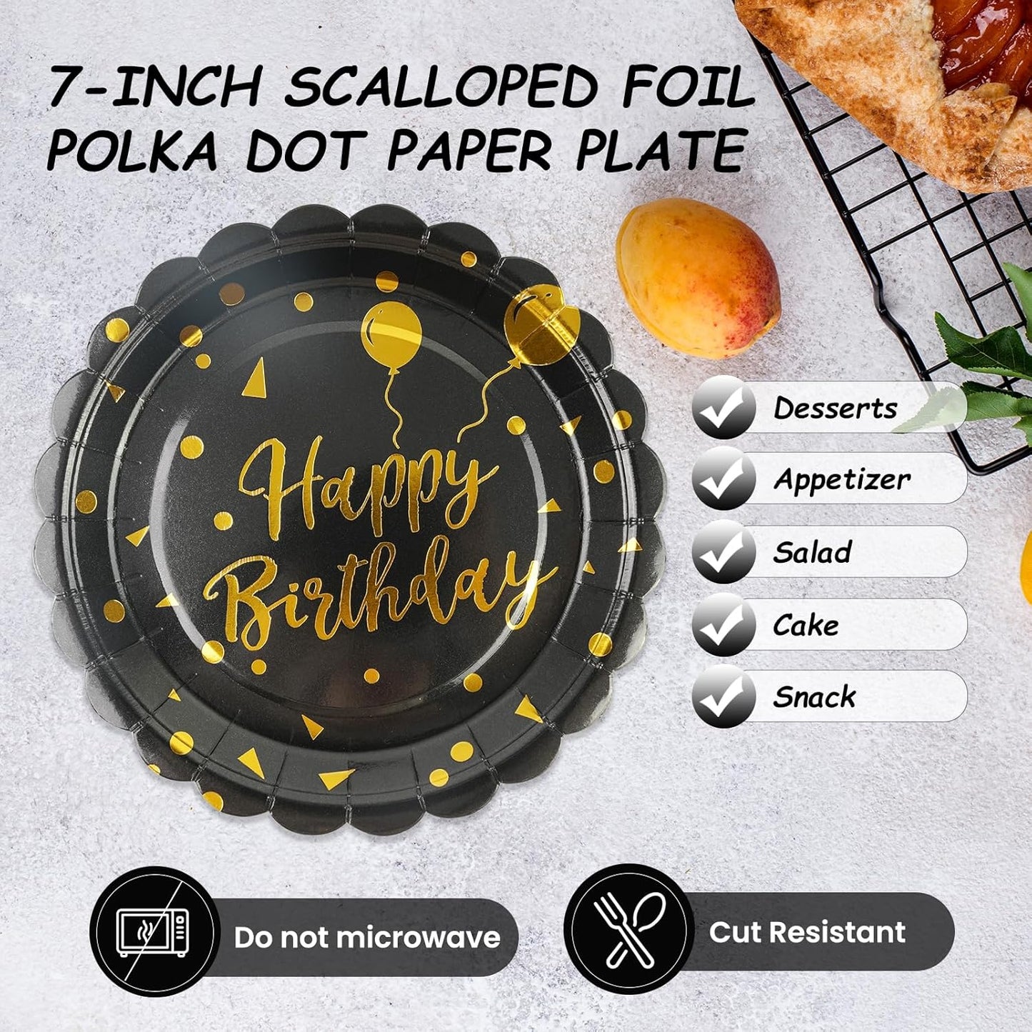 50PCS Birthday Paper Plates - 7 Inch Birthday Cake Plates Scalloped Black and Gold Dessert Plate Disposable Tableware Decorations for Birthday's Party Supplies