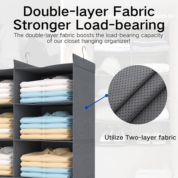 Dual-Row 6 Tier Shelf Hanging Closet Organizer and Storage, 12 Pockets Clothes Storage Shelves with 3 Sturdy Hooks for Clothing Organization, Dorm Room Essentials for Girls, Foldable, Grey