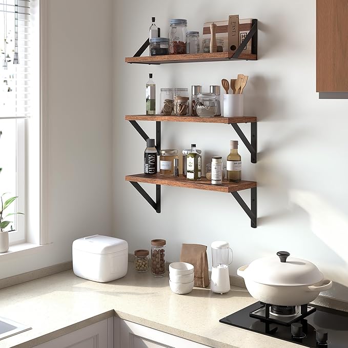 Heimlove Floating Shelves for Wall, 16 Inch Long Wood Floating Shelves Set of 3, Wall Mounted Hanging Shelf for Bathroom Bedroom Kitchen, Rustic Brown