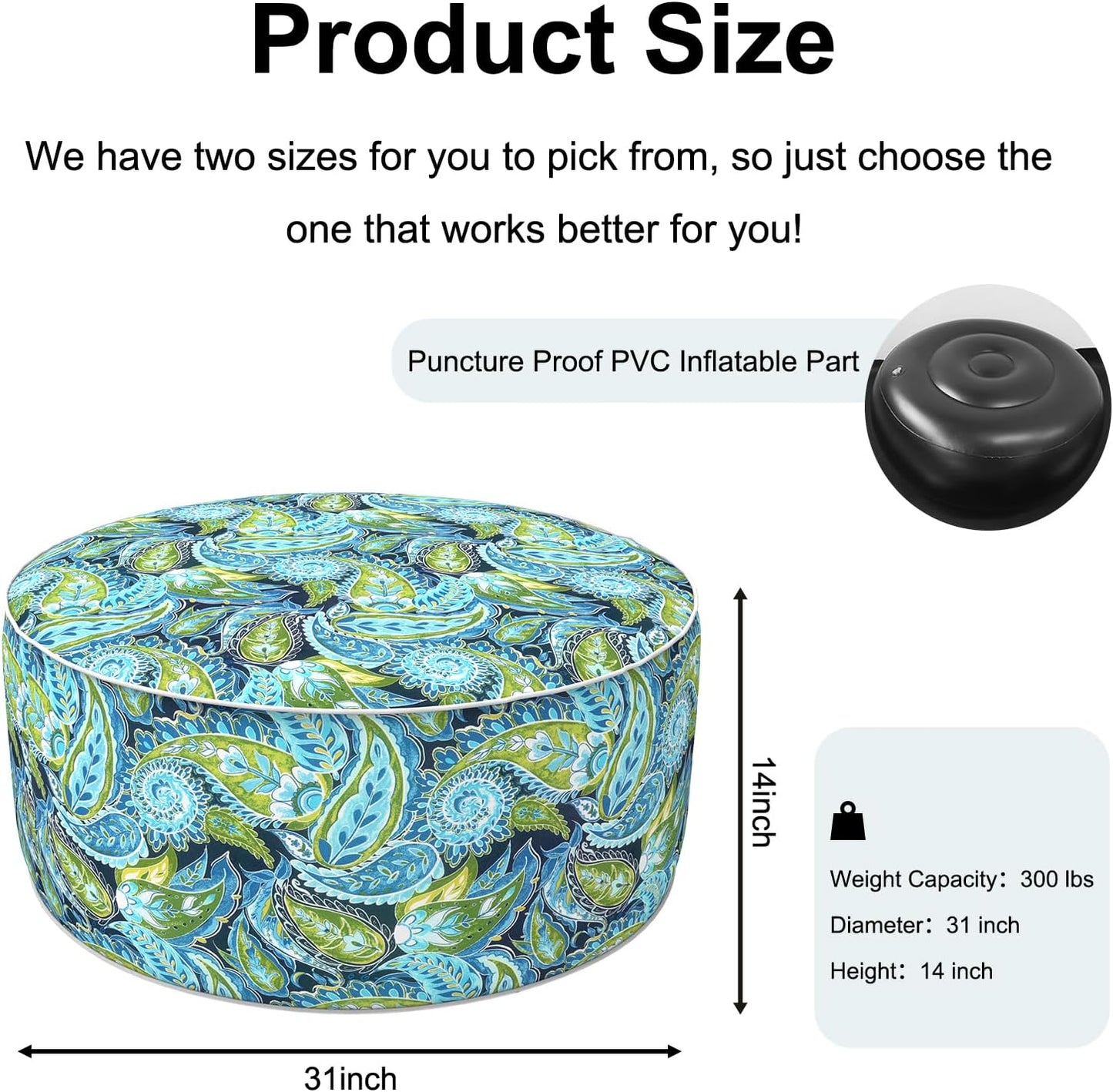 Inflatable Ottoman Stool D31 xH14 for Outdoor/Indoor Use, Water Repellent Patio Foot Rest with Portable Handle,Round Pouf Ottoman Suitable for Garden,Deck and Camping - Paisley Lapis Green