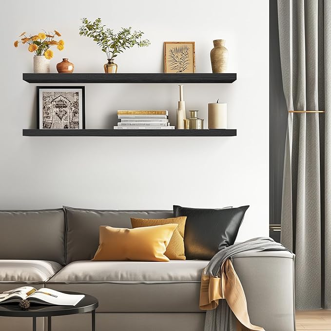 BAYKA Floating Shelves, 48 inches Long Heavy Duty Wall Mounted Rustic Wood Shelves for Bathroom, Bedroom, Living Room, Kitchen, Office, Hanging Shelf for Books/Storage/Decor(Black,Set of 2)