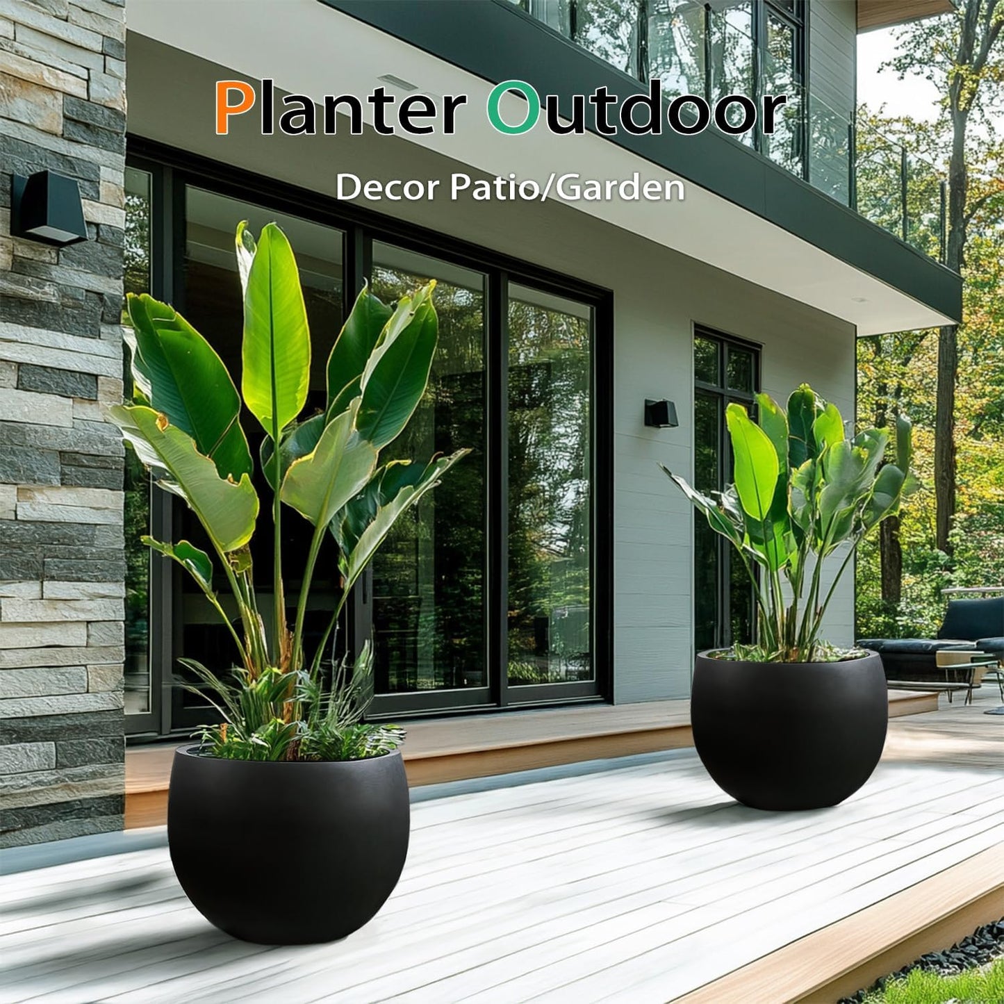 Ball Concrete Planter Outdoor Indoor, Large Tall Cement Plant Pots for Trees Flowers (Black, 16 inch)