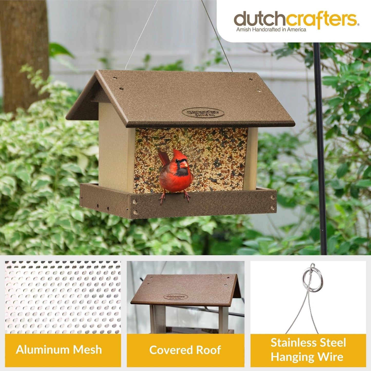 Poly Hanging Hopper Bird Feeder, Large Hanging Bird Feeder for Outside, Outdoors - Amish American Made (Tudor Brown & Weatherwood)