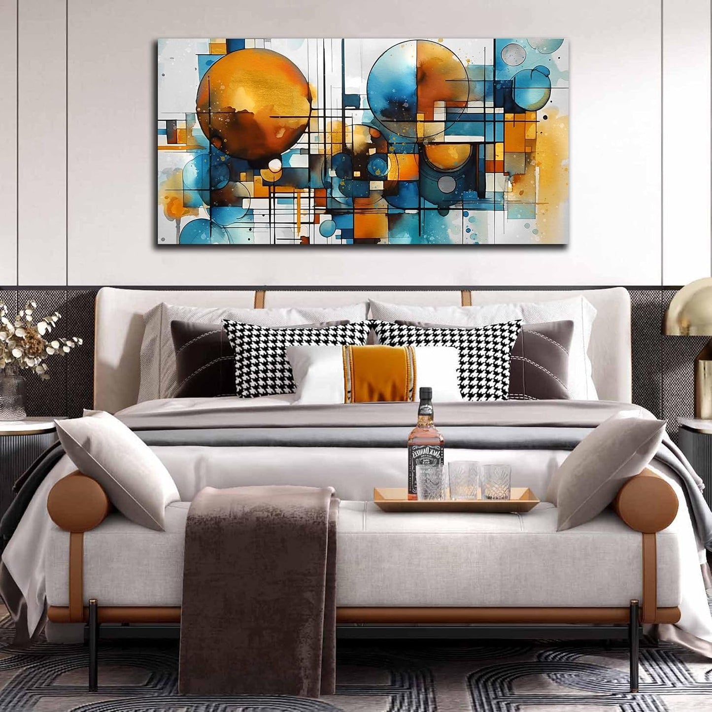 ENTANUB Abstract Canvas Wall Art for Living Room, Circle Wall Decor for Bedroom, Orange and Blue Canvas Print Paintings Artwork, Size 24x48 Inches