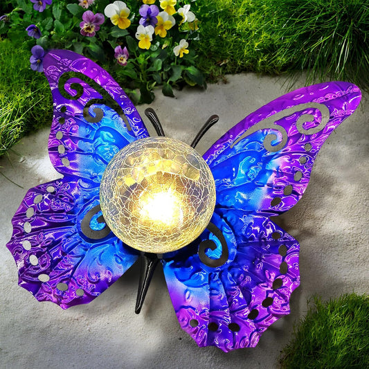 Solar Lights Outdoor Garden Butterfly Decor, Metal Butterfly Statue Decoration with LED Crackle Glass Globe, Solar Powered Lighted Garden Art Decor for Patio Lawn Yard Pathway Tabletop Ground