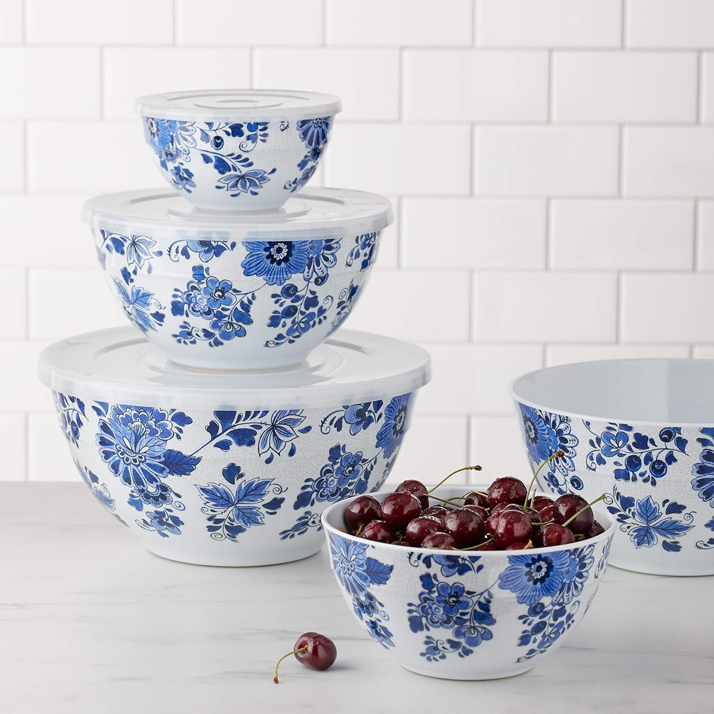 Amazon Basics Nesting Melamine Mixing Round Bowl with Lid and Non-Slip Base, 5 Sizes, Blue and White Floral, Set of 10, 4 quarts, 3 15/16",7 9/16",8 7/8",10",11 1/4"