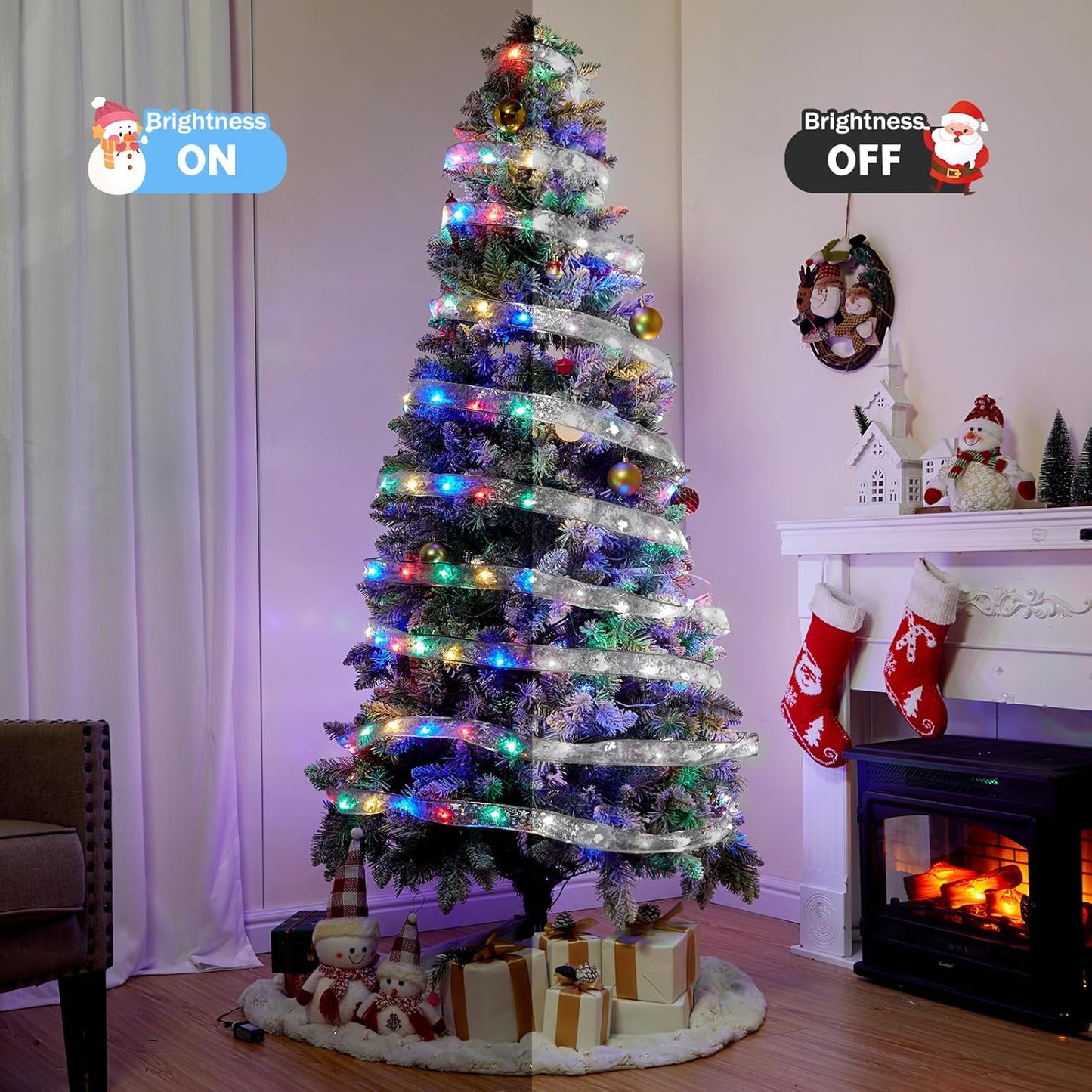 2 Pack Christmas Tree Ribbon String Lights - 33ft 100 LED Battery Powered Fairy Lights with Timer and 8 Lighting Modes, Ribbon Bows Light for 6ft - 8ft Christmas Tree Decor, Silver Ribbon, Multi-color