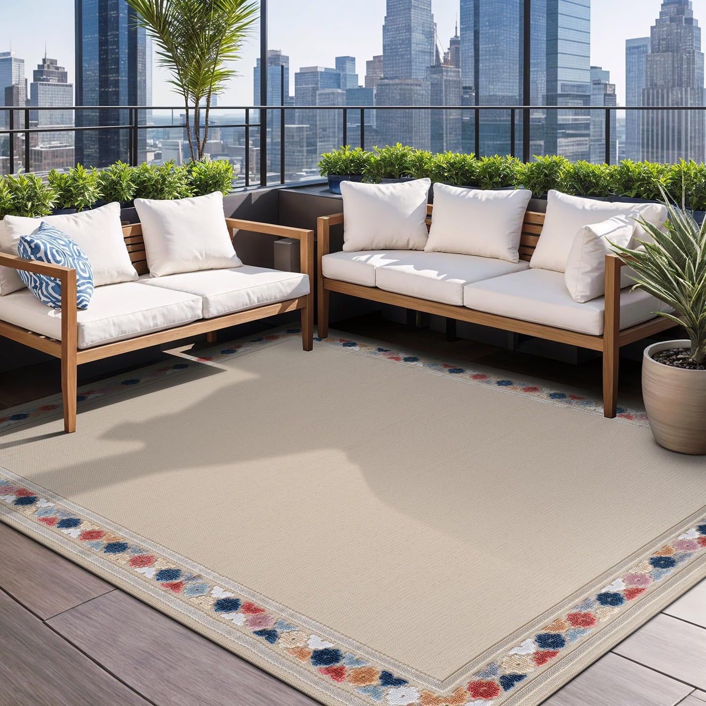 Beverly Rug Outdoor Rug 9x12 Modern Bordered Large Area Rugs for Indoor and Outdoor Patio Easy to Clean Non Shedding Living Room Porch Garden Washable Outside Carpet (9 x 12 Beige)