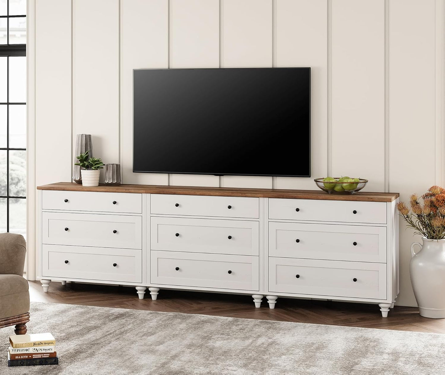 WAMPAT 9 Drawer Dressers for Bedroom, White Kids Dresser with 9 Wide Chest of Drawers, Mid Century Wooden Closet Storage Organizer, Large Wood Baby Dressers for Living Room, Nursery, Hallway