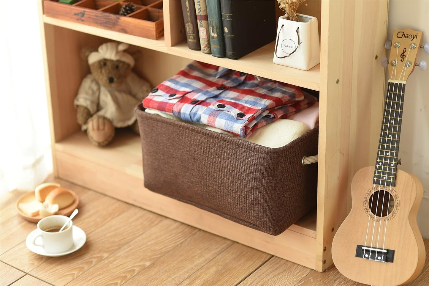 TheWarmHome Decorative Basket Rectangular Fabric Storage Bin Organizer Basket with Handles for Clothes Storage (Brown, Large-1Pack,15L*10.5W*8H)