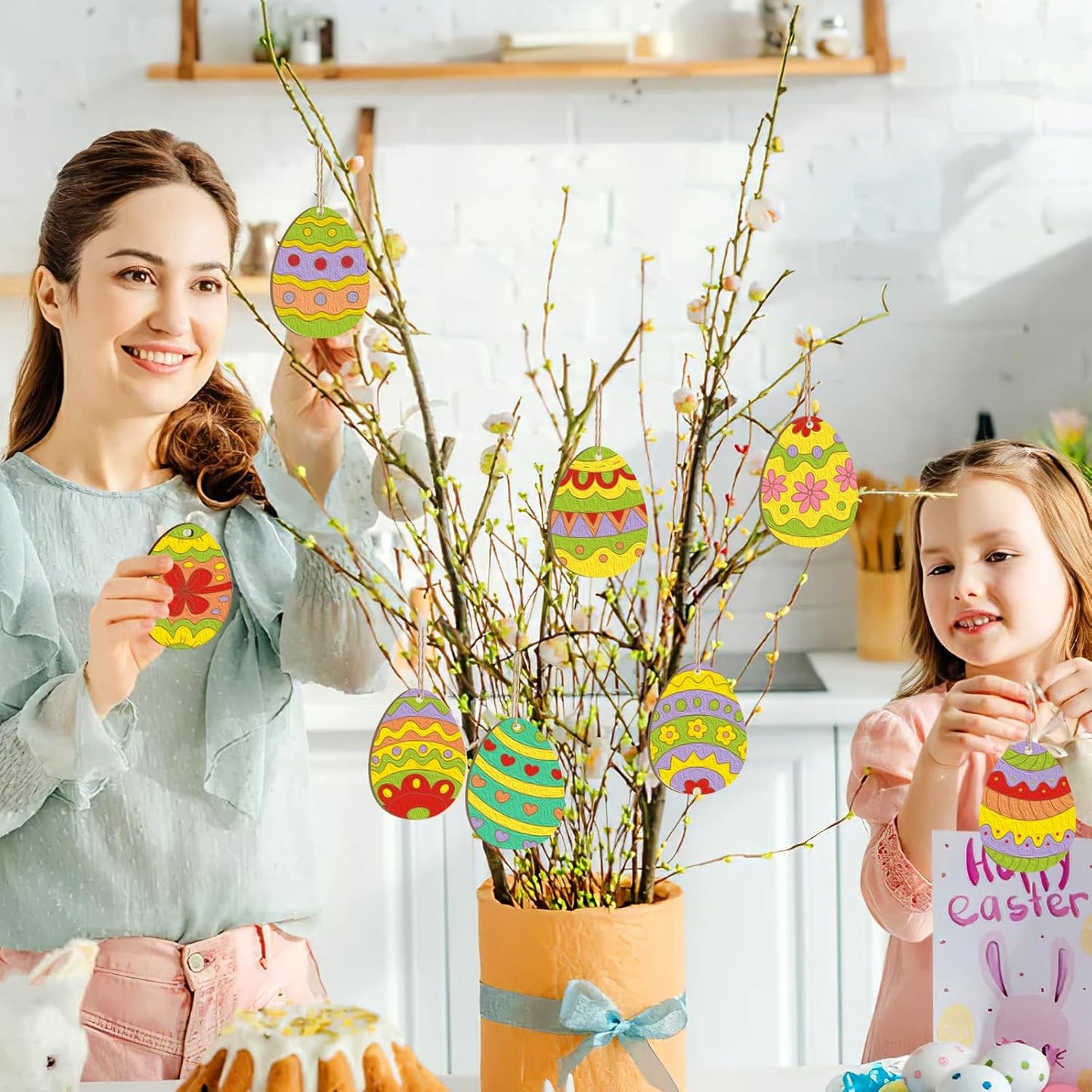 80PCS Wooden Easter Ornaments to Paint, 10 Styles DIY Blank Unfinished Wood Cutouts Ornament for Crafts Hanging Decorations, Egg Rabbit Bunny Butterfly Flower Happy Easter