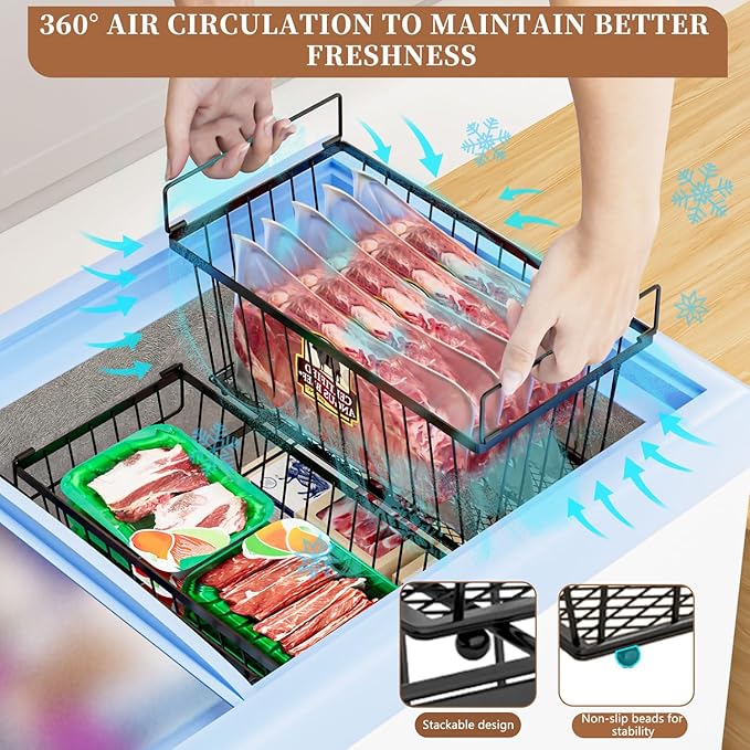 6 Pack Stackable Deep Freezer Organizer Bins ，Upgraded Bottom Leak-Proof net，Encryption and Hardening ， Freezer Organizer Bins for 5 to 9 Cu.FT Small Chest Freezer， Easy Get Bottom Foods