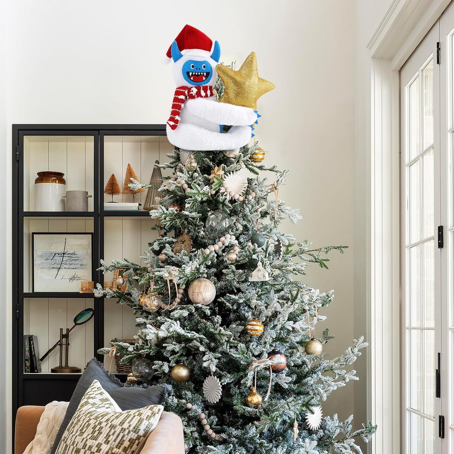 Bigfoot Snowman Christmas Tree Topper Decorations with Glitter Star Xmas Ornaments Home Decor 3D Wreath Attachment Winter Holiday Festive Gift Fits for Small 3-4ft Tree Fabric