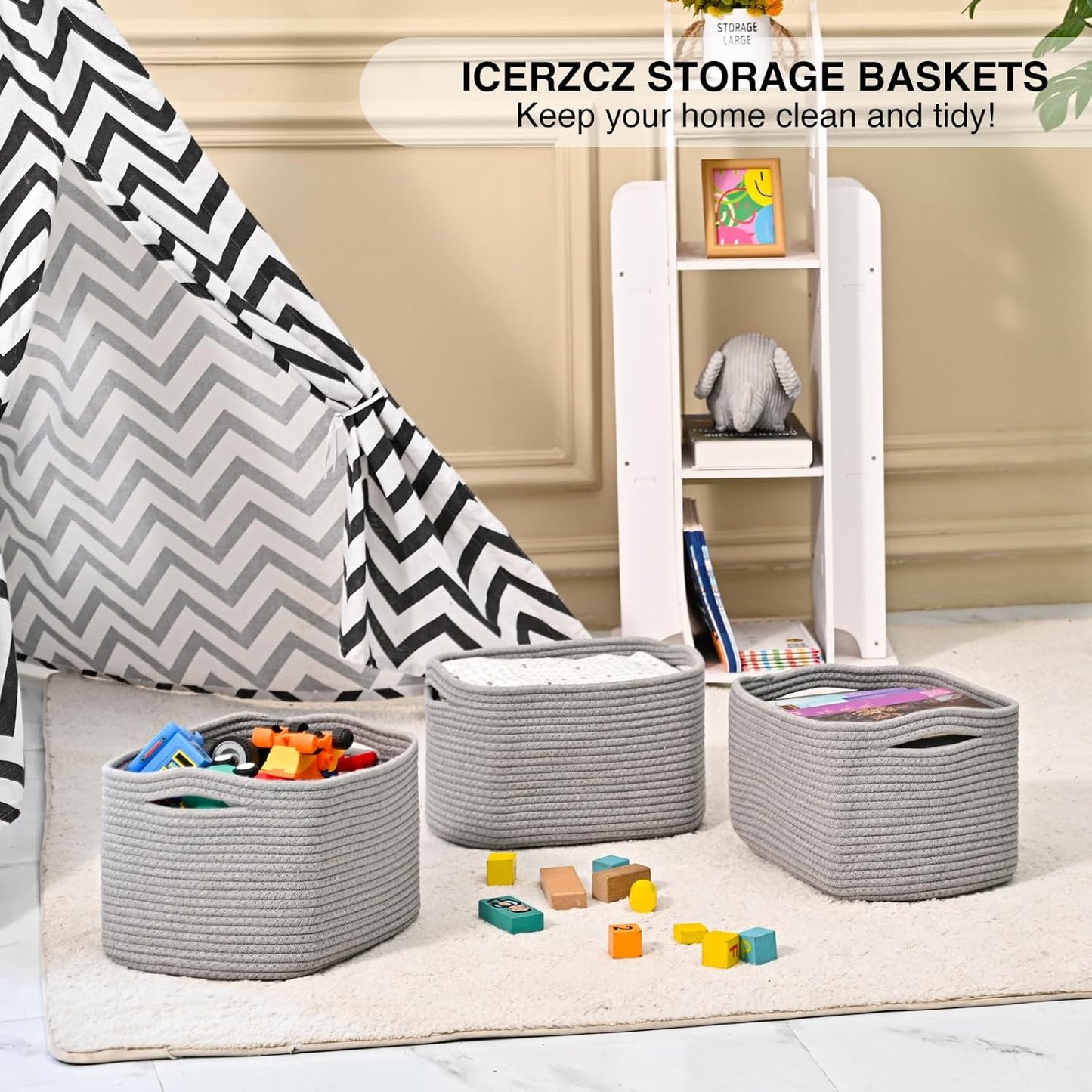 Small Storage Baskets for Shelves Organizing, Woven Cotton Rope Baskets for Storage, Book Basket, Decorative Shelf Basket, 12.5"Lx9.1''Wx7.9''H (4 Packs) Grey