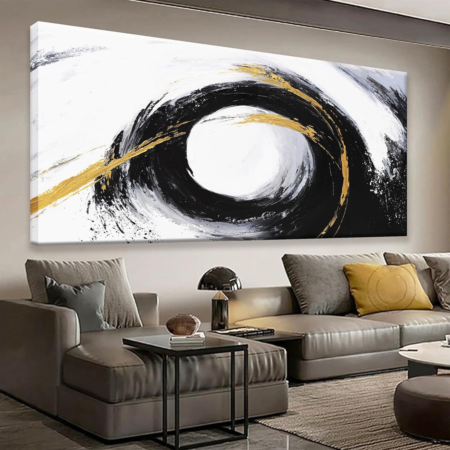 QSQ Abstract Wall Art Black And Gold Wall Art Modern Canvas Art Wall Decor Painting Artwork White Abstract Art Prints Pictures For Bedroom Office Home Decoration 20" X 40"
