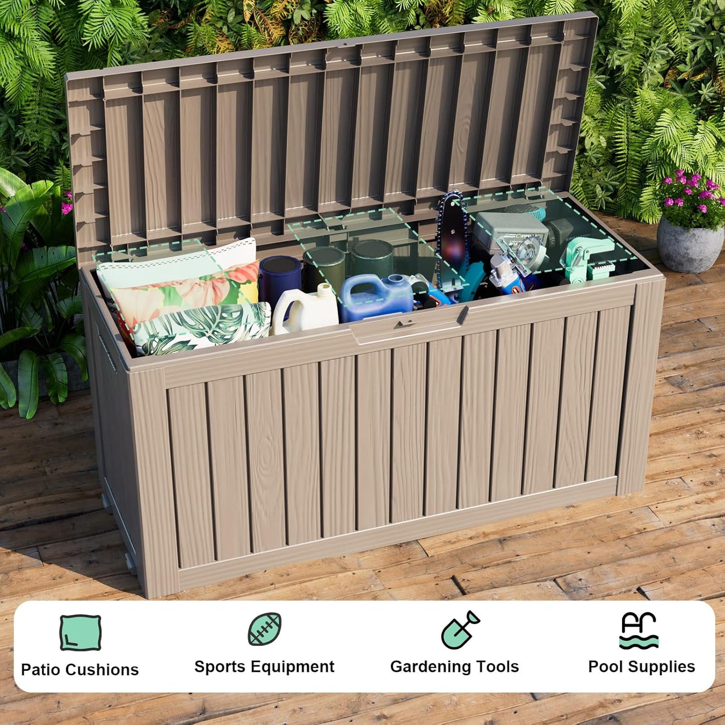 Vixzen 75 Gallon Resin Deck Box with wheels,Lockable Outdoor Storage Box for Patio Cushions Storage Furniture,Garden Tools,Weatherproof and UV Resistant- Grey