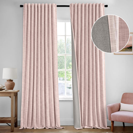 MIULEE Baby Pink 100% Blackout Linen Curtain 108 Inch 2 Panel Set Double Sided No Coating Pleated Back Tab Black outExtra Long Thermal Insulated Pinch Pleat Bedroom Living Room Darkening Window Drape