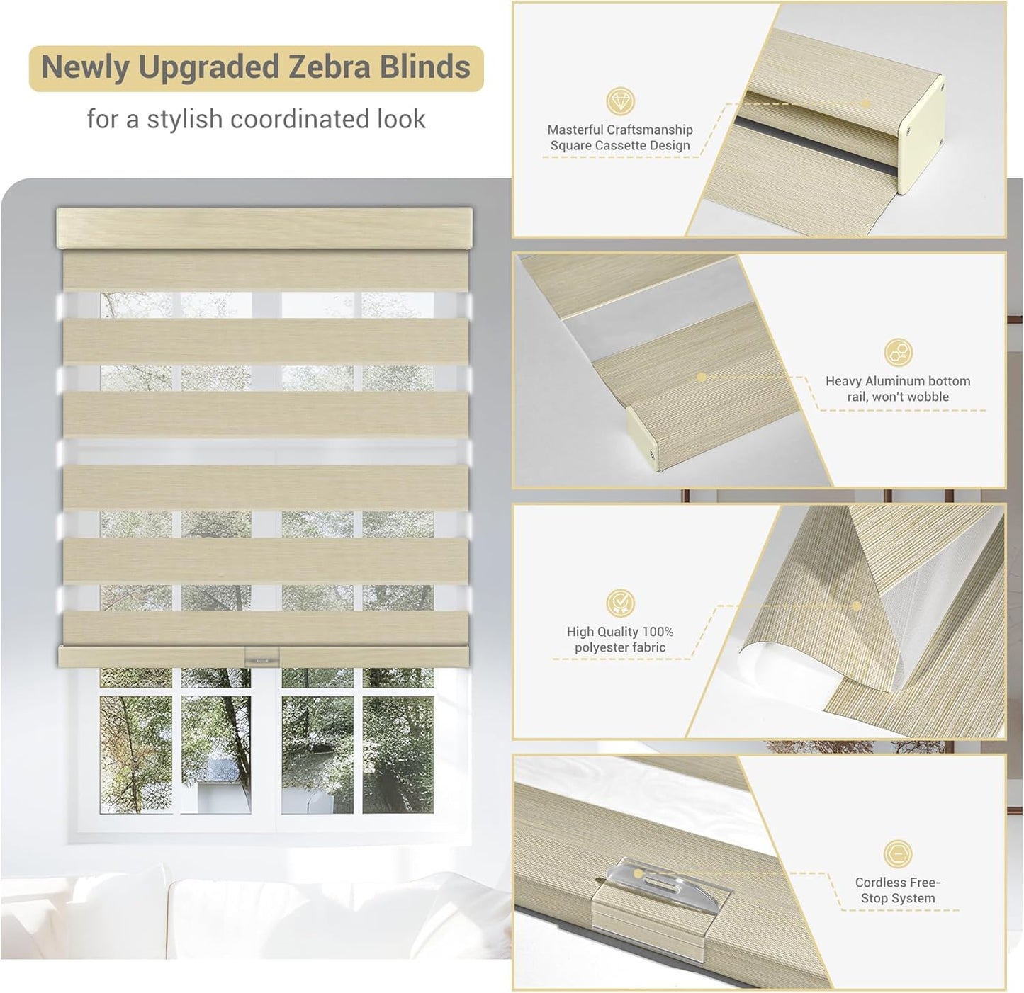 Cordless Zebra Blinds for Windows, Blackout Interior Blinds,Easy to Install,UV Protection,for Offices and Home,Custom Roller Shades, Mousse Beige,20" W x 64" H