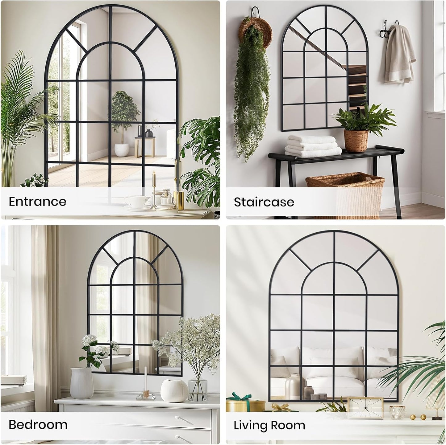 Arched Windowpane Wall Mirror 30"x40" Black Wall Mounted Art Pane Mirror Farmhouse Decorative Mirror Leaning Hanging Wall Mirror for Bedroom Living Room Entrance Hallway Wall Decor