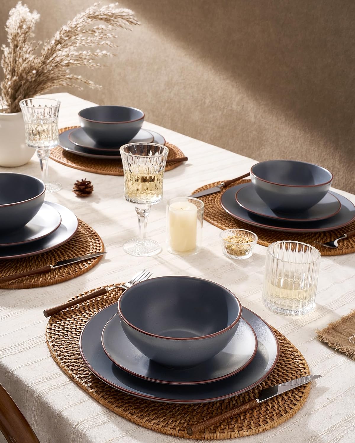 Famiware Venus Plates and Bowls Sets, 12 Pieces Stoneware Speckled Dinnerware Sets, Dishes Set for 4, Microwave and Dishwasher Safe, Matte Charcoal