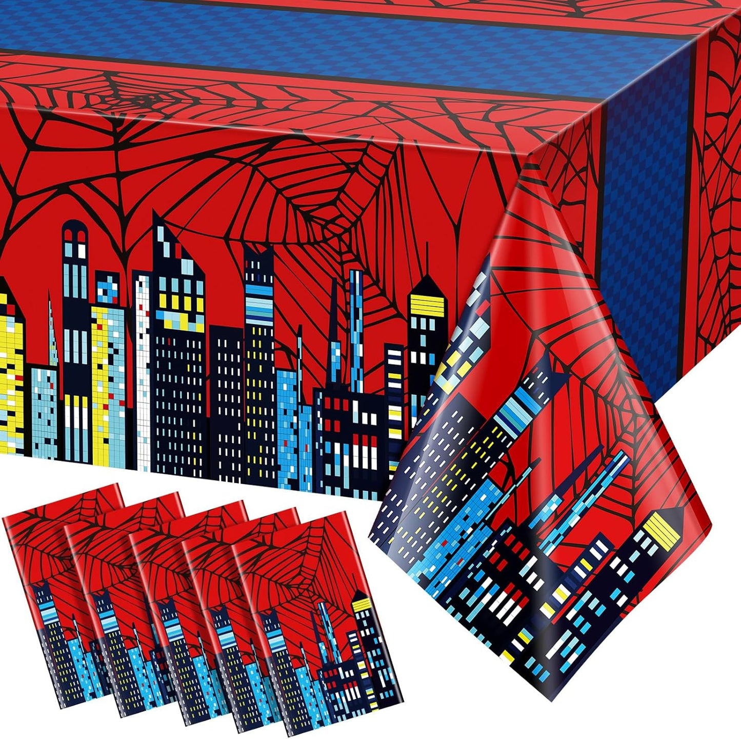 Oudain 5 Pcs Spider Tablecloth 108 x 54 in Red and Blue Plastic Disposable Table Covers City Web Theme Birthday Party Decorations Large Table Cloths for Party Indoor Outdoor (Classic)