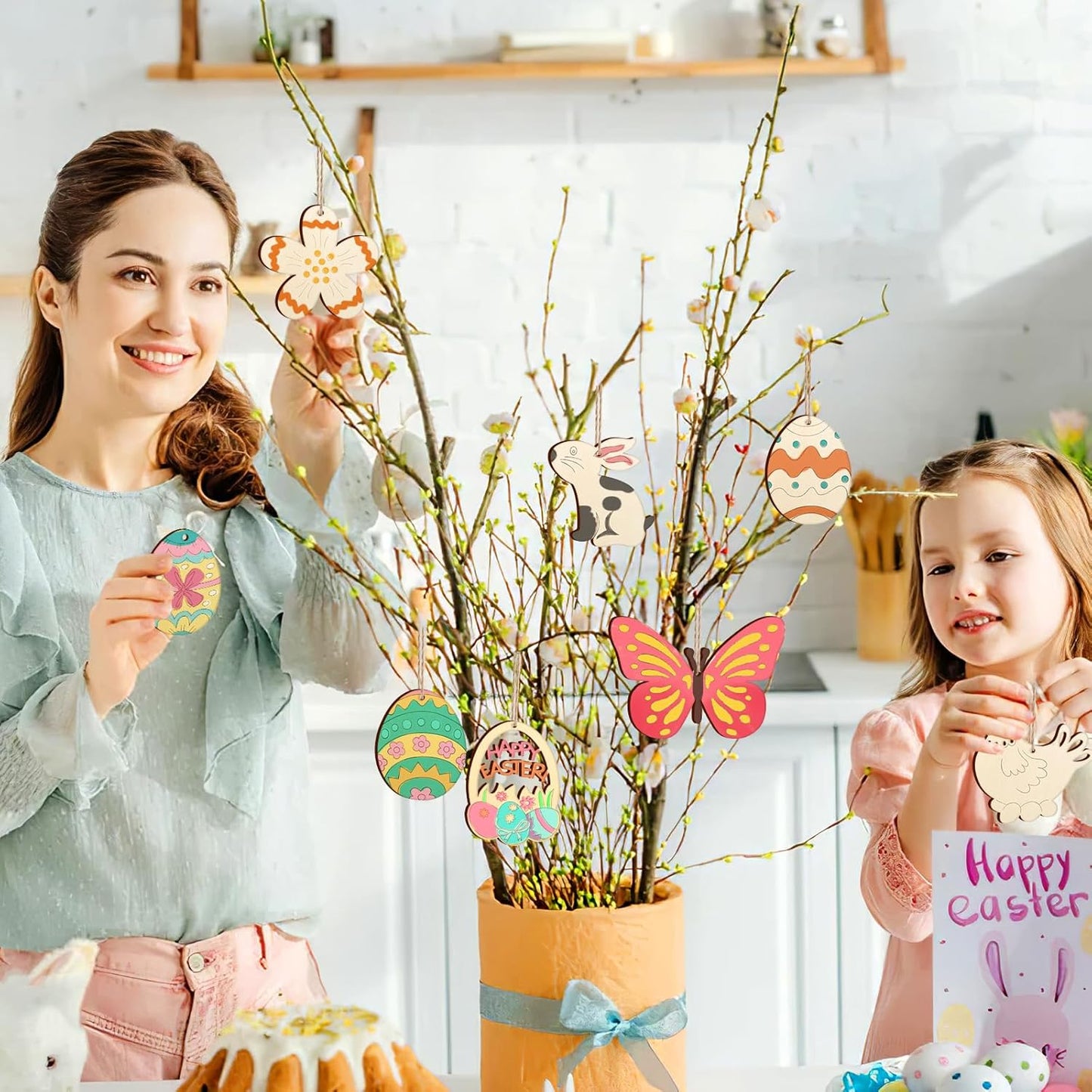 80PCS Wooden Easter Ornaments to Paint, 8 Styles DIY Blank Unfinished Wood Cutouts Ornament for Crafts Hanging Decorations, Egg Rabbit Bunny Butterfly Flower Hen Happy Easter