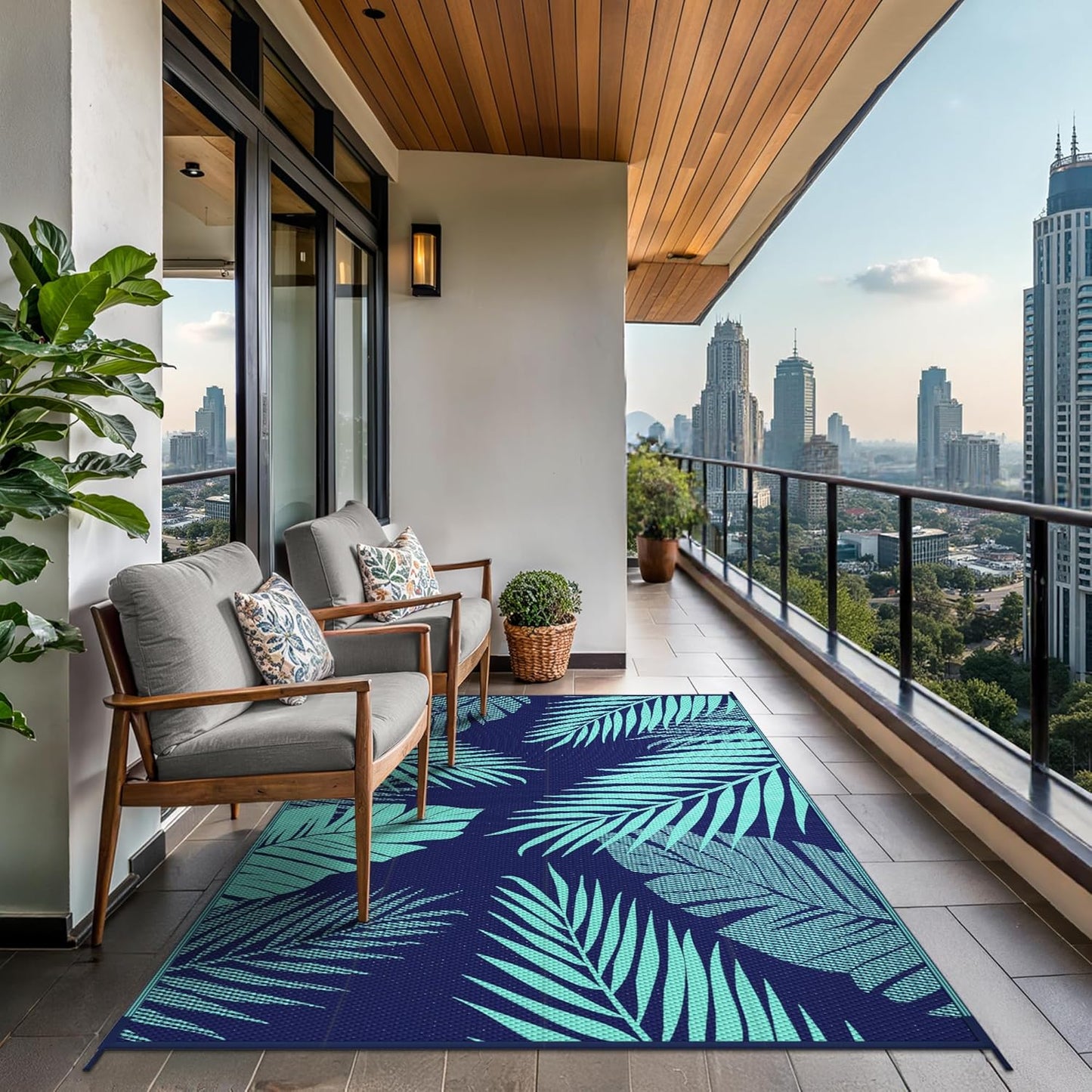 GENIMO Outdoor Rug 5' x 8' Waterproof for Patios Clearance, Reversible Outdoor Plastic Straw Camping Rug Carpet, Large Area Rugs Mats for RV, Camper, Deck, Balcony, Porch, Beach, Navy Blue&Jade Green