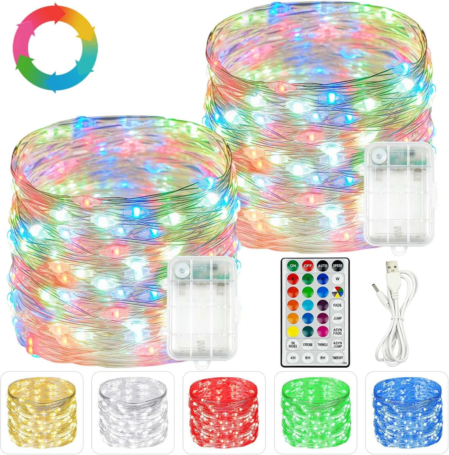2 Pack Each 20FT 60LED Fairy Lights Battery Operated, RGB Color Changing String Lights, Indoor & Outdoor Battery Twinkle Light with Timer and Remote for Bedroom Wedding Birthday Halloween Decorations