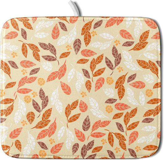 Fall Leaves Dish Drying Mat for Kitchen Counter Autumn Orange White Leaves Seasonal Super Absorbent Reversible Microfiber Kitchen Countertop Protector Dishes Pad Small 16x18 inch