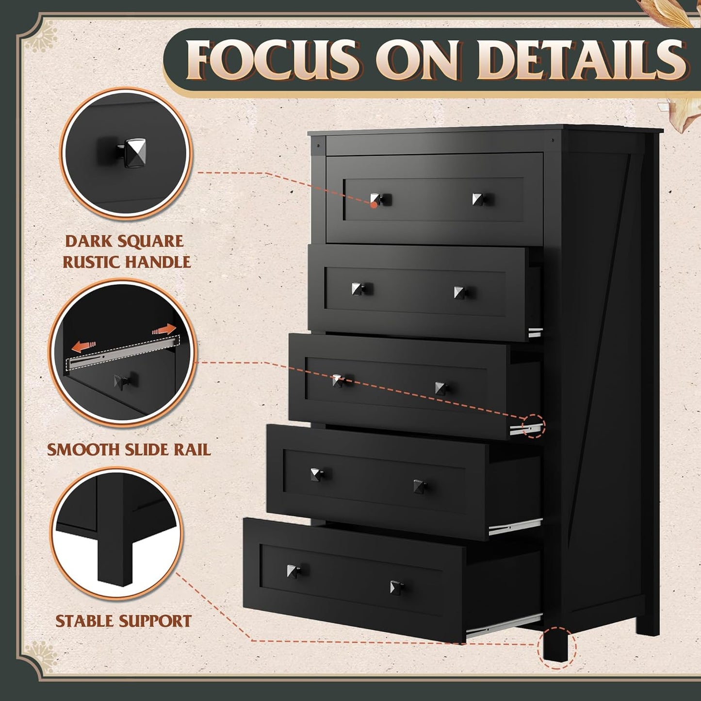 WLIVE Farmhouse 5 Drawer Dresser for Bedroom, Wood Dresser Storage Organizer, Tall Black Dressers with Double Rustic Handle, Chest of Drawers for Living Room, Hallway, Closet