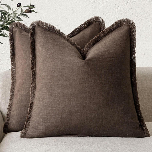Foindtower Set of 2 Decorative Linen Fringe Throw Pillow Covers Boho Farmhouse Cushion Cover with Tassels Soft Accent Pillowcase for Couch Sofa Bed Living Room Home Decor,22×22 Inch,Reddish Brown