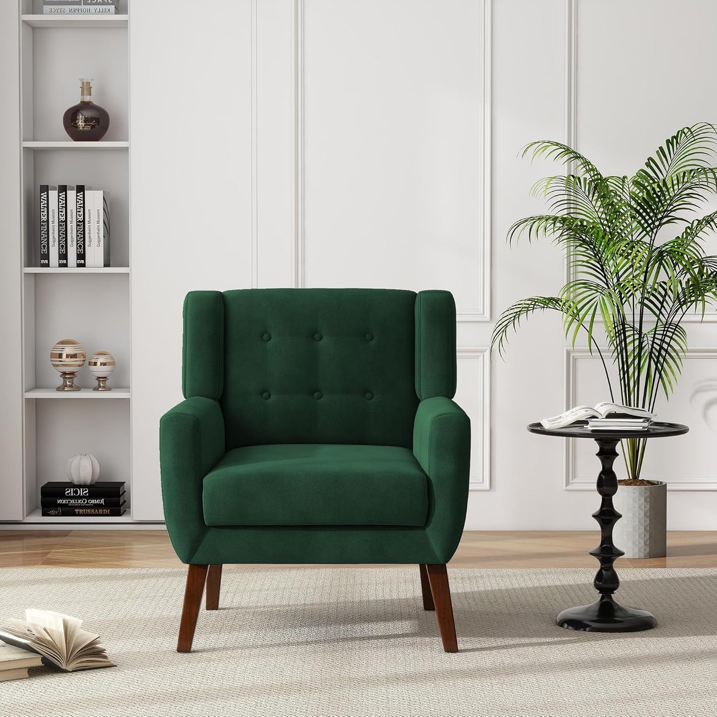 UIXE Accent Chair, Velvet Upholstered Armchair for Living Room, Modern Club Arm Chairs Comfy Single Sofa Button Tufted Bedroom Reading Seat - Retro Green, Set of 4