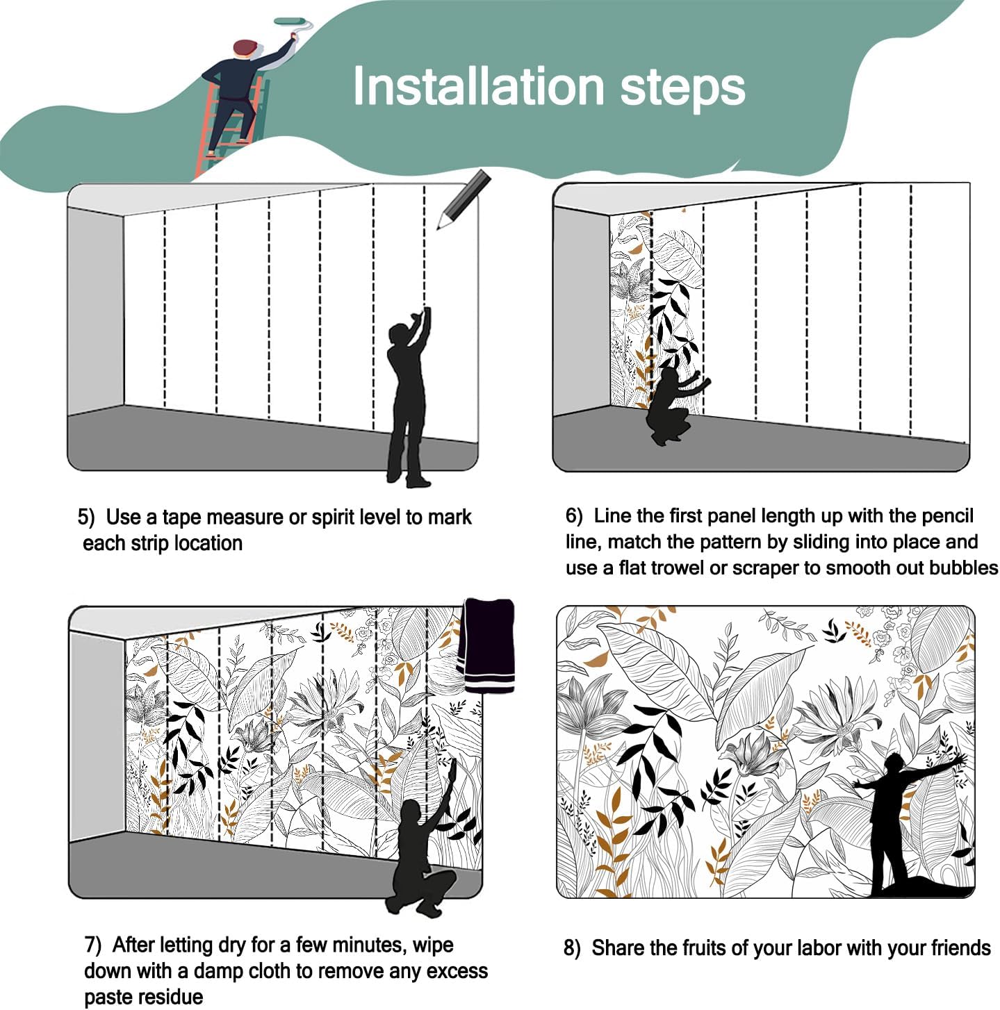 -Hand-Painted Flower Plant Fabric Wallpaper Simple Art Living Room 140" x 91" (Not Peel and Stick)