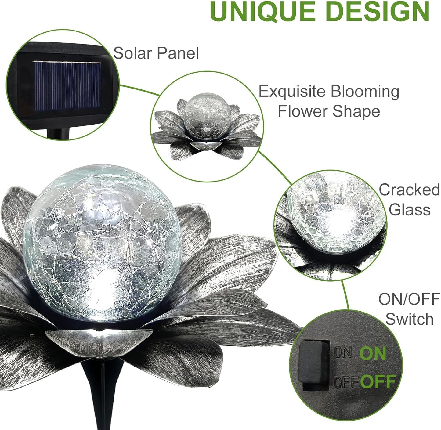 LEWIS&WAYNE Solar Garden Lights Outdoor, 3 Pcs Silver Gray Lotus Flower Pathway Lamps with Cool White Crackle Glass Globe Led Lights for Patio Pathway Yard Balcony Garden Decorations