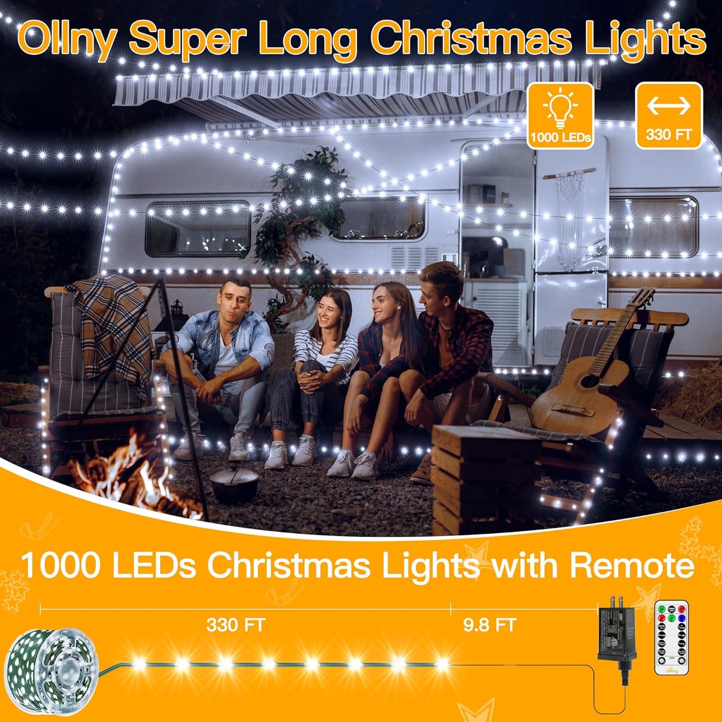 Ollny Christmas Lights 1000 LED 330 FT, IP67 Waterproof Plug in Christmas Tree Lights with Remote, 8 Modes, 3 Timers, Dimmable, House Xmas Indoor Decorations Outdoor String Lights (Cool White)